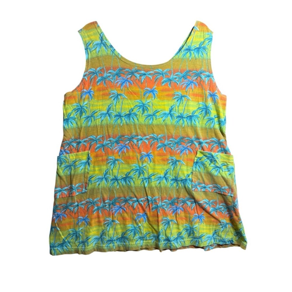 Gloria Fashion Vintage Tropical Palm Tree Print Pocket Tank Top Made in USA L-XL
